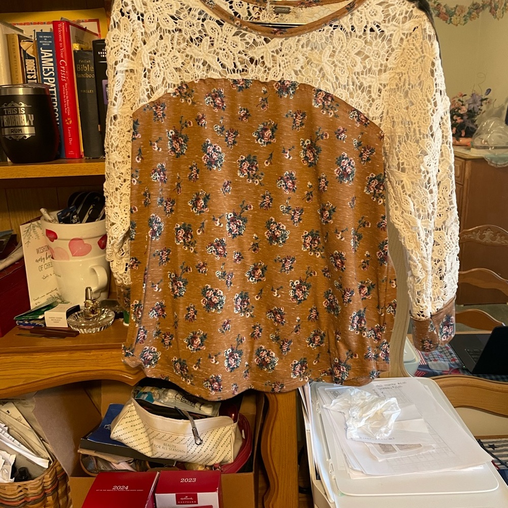 Floral Lace Women's Blouse in Brown and Cream